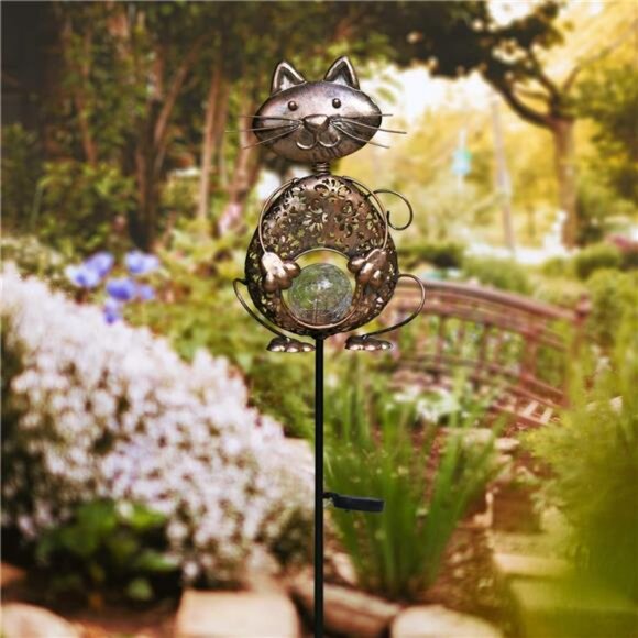 Garden Solar Lights Metal Cat Crackle Glass Globe Stake Lights, Waterproof - Picture 2 of 7